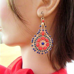 Coral orange & blue beaded dangling earrings